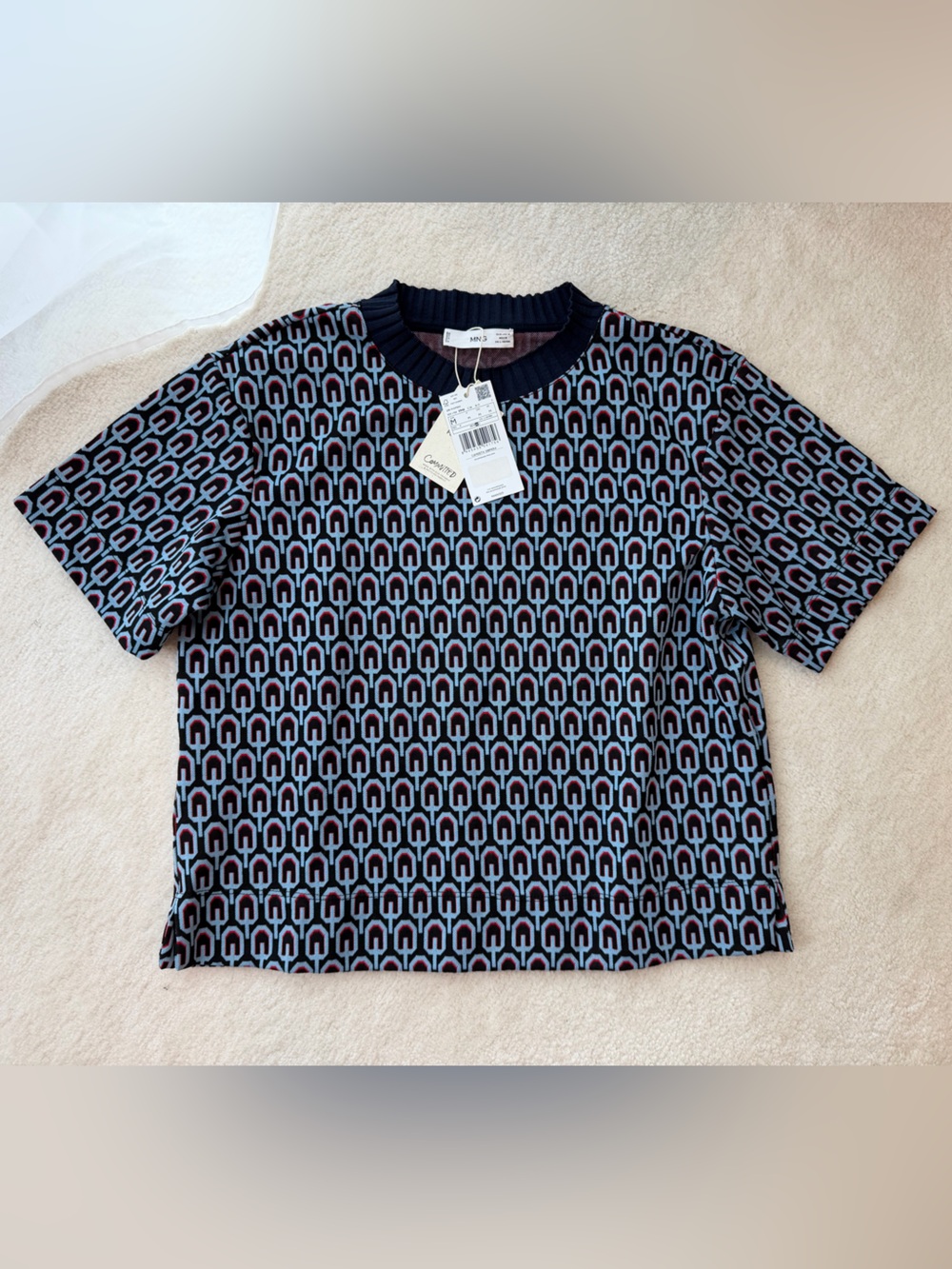 BNWT Mango Navy, Light Blue, Red Geometric Short-Sleeve Knit Top